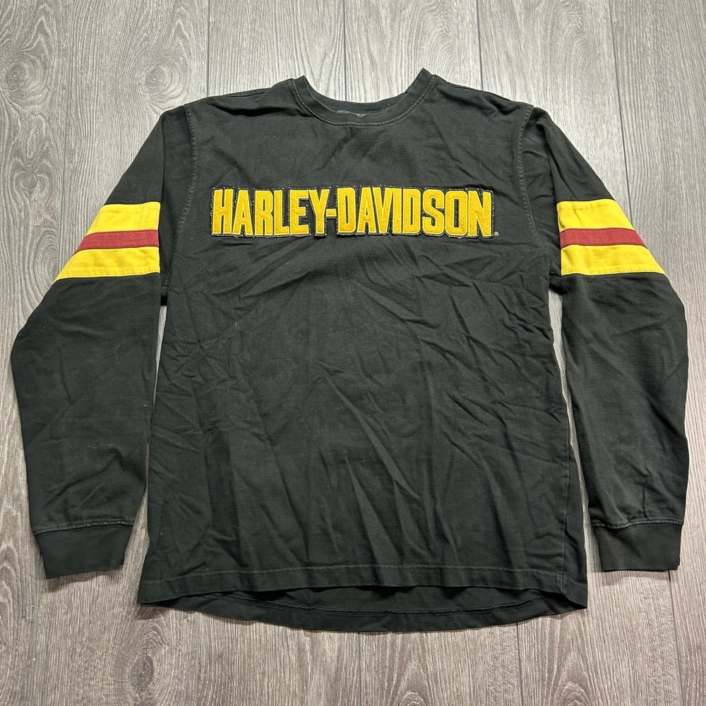 Harley-Davidson Mens Long Sleeve Large Graphic T-Shirt Black Yellow Stripes Vtg